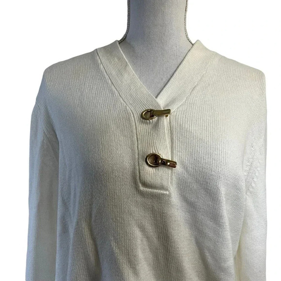 White Karen Scott Sweater Gold Large Hook and Eye Buckle Detail Large Cotton - Picture 2 of 7